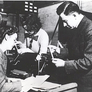 Kathleen Booth, Xenia Sweeting and Andrew Booth in the lab during the construction of the ARC
